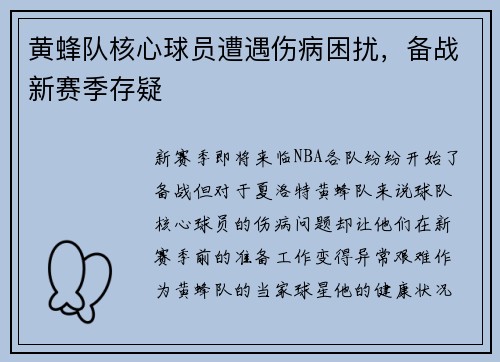 黄蜂队核心球员遭遇伤病困扰，备战新赛季存疑