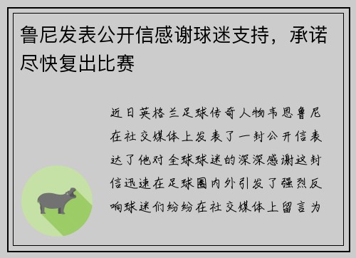 鲁尼发表公开信感谢球迷支持，承诺尽快复出比赛