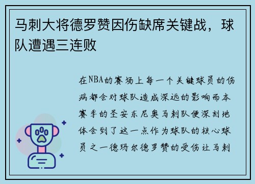 马刺大将德罗赞因伤缺席关键战，球队遭遇三连败