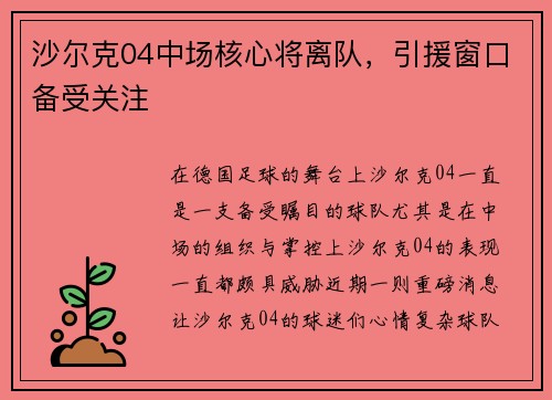 沙尔克04中场核心将离队，引援窗口备受关注