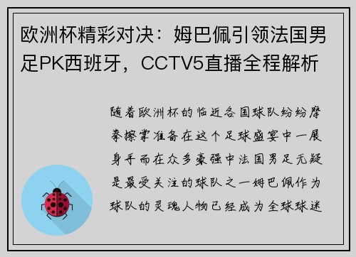 欧洲杯精彩对决：姆巴佩引领法国男足PK西班牙，CCTV5直播全程解析