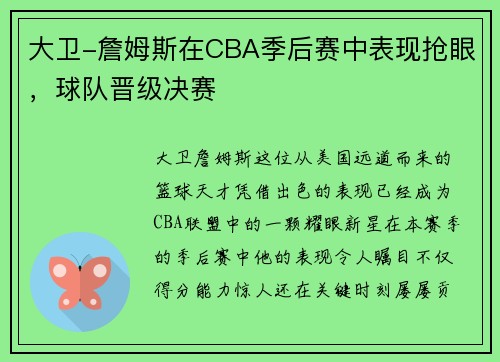 大卫-詹姆斯在CBA季后赛中表现抢眼，球队晋级决赛