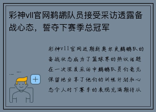 彩神vll官网鹈鹕队员接受采访透露备战心态，誓夺下赛季总冠军