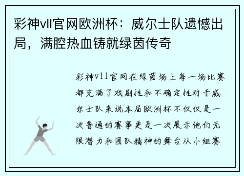彩神vll官网欧洲杯：威尔士队遗憾出局，满腔热血铸就绿茵传奇